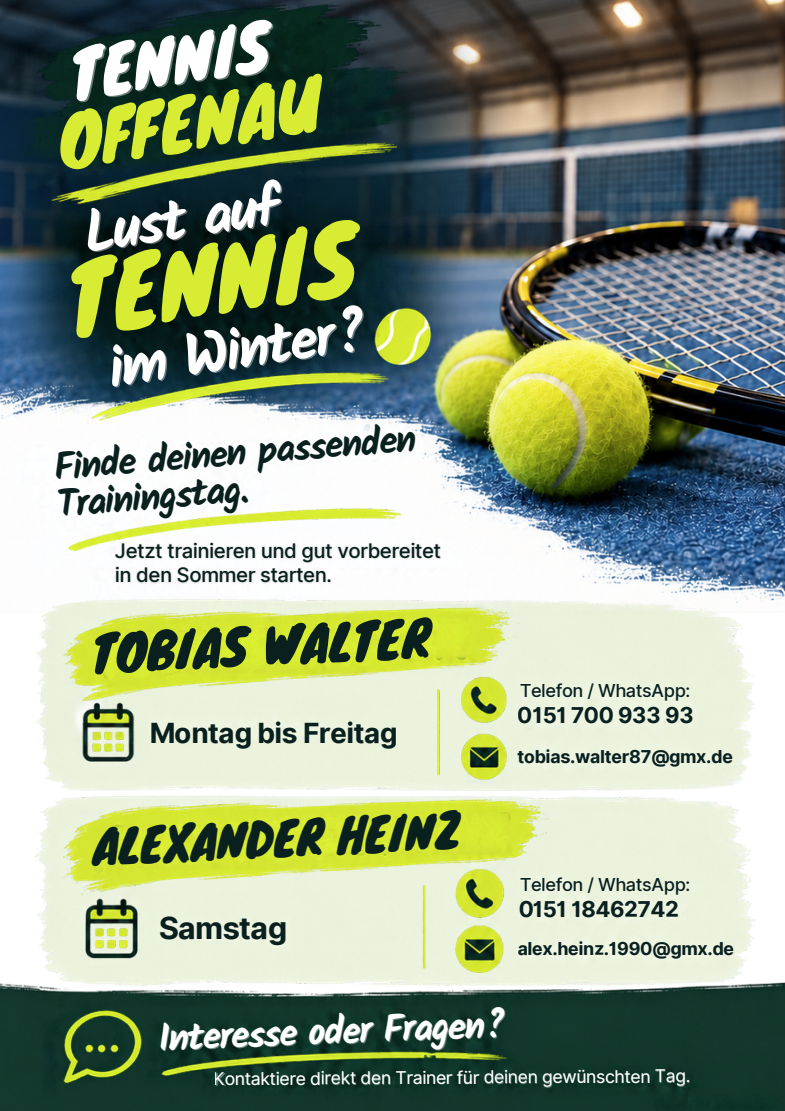 Werbeplakat Tennistraining Tennis Offenau – Tobias Walter und Alexander Heinz